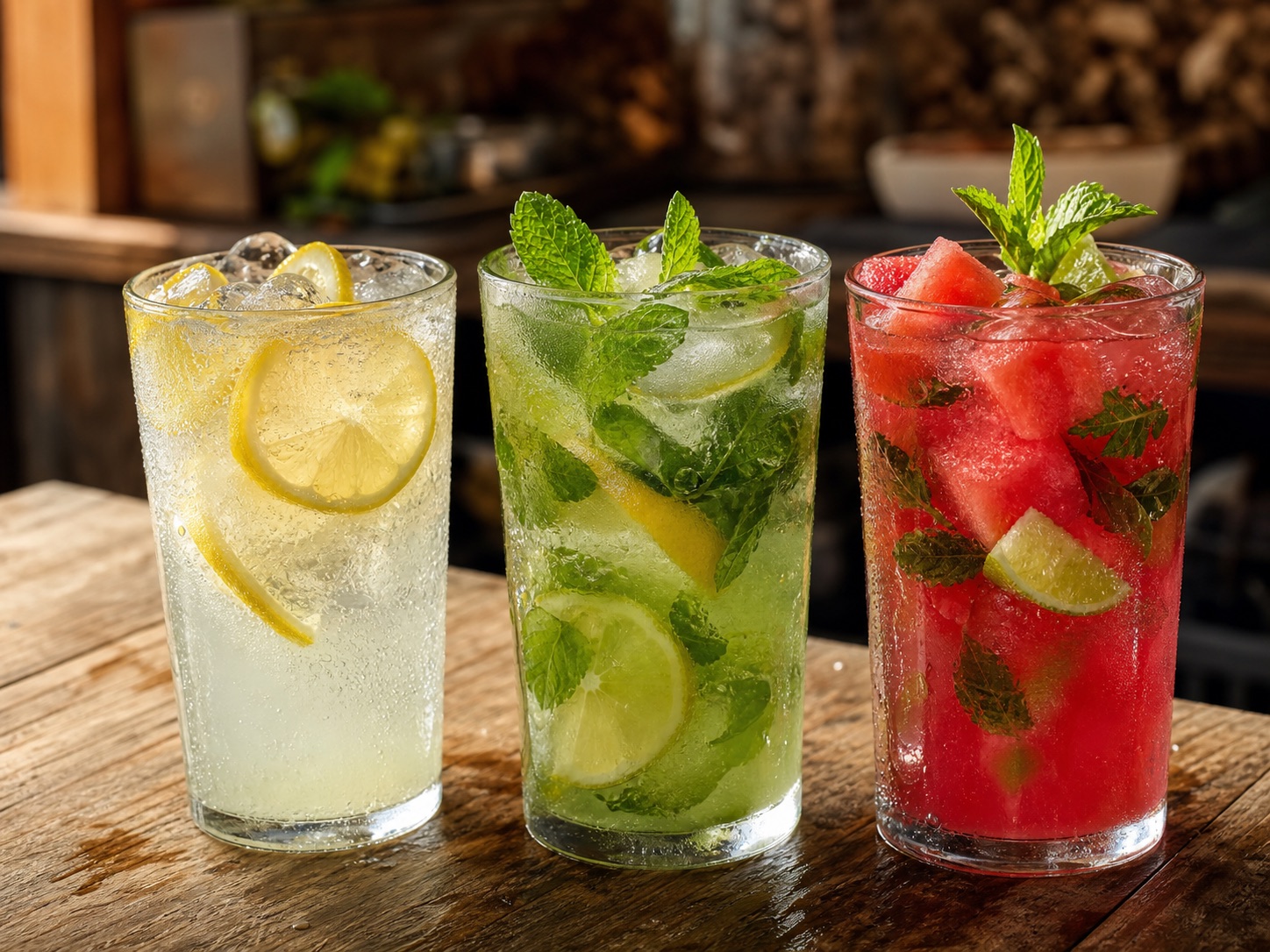 Fresh sparkling lemonade, mint cooler, and watermelon mojito mocktail
