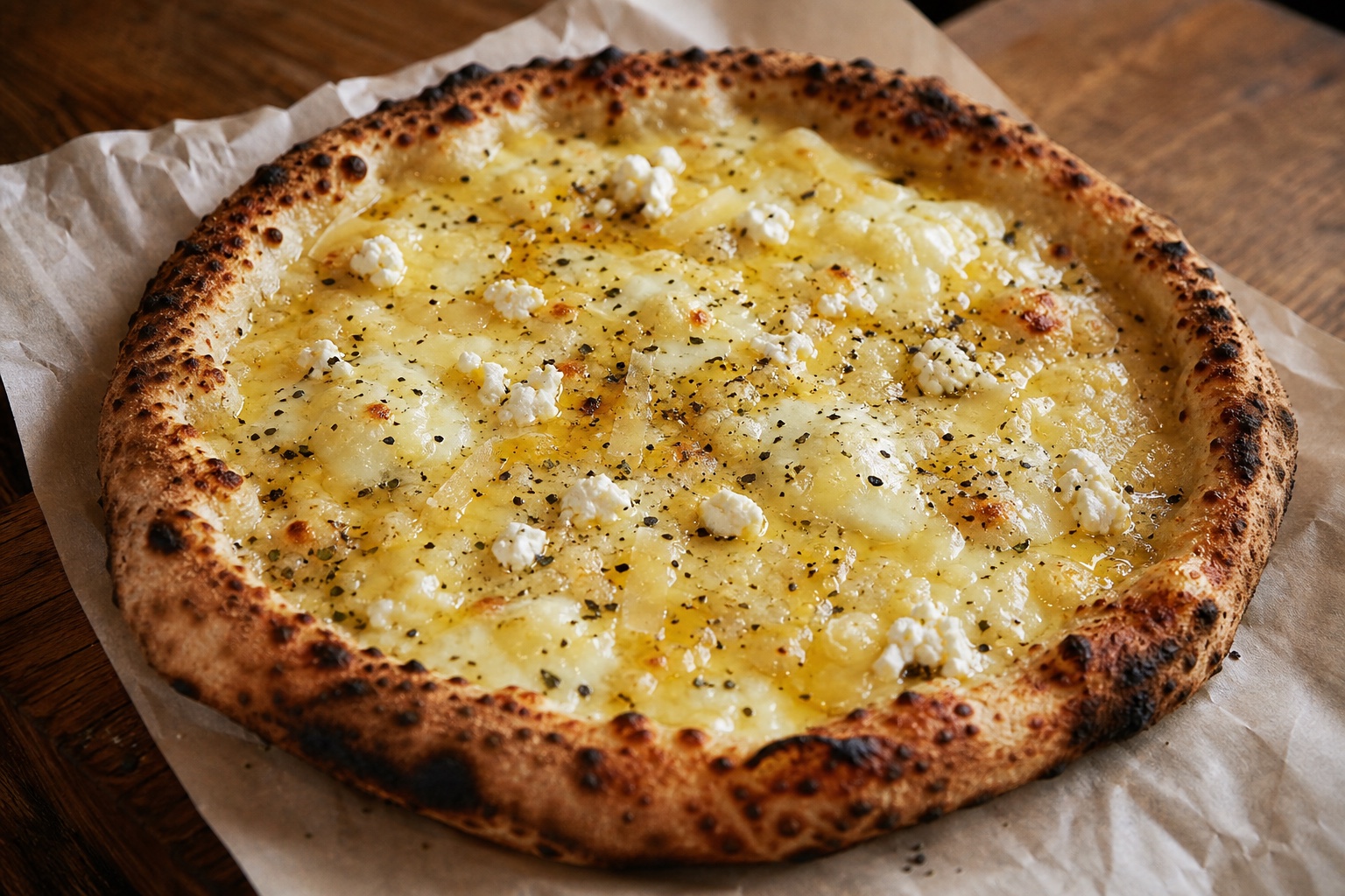 5 Cheese Bianca pizza with white sauce and premium cheeses